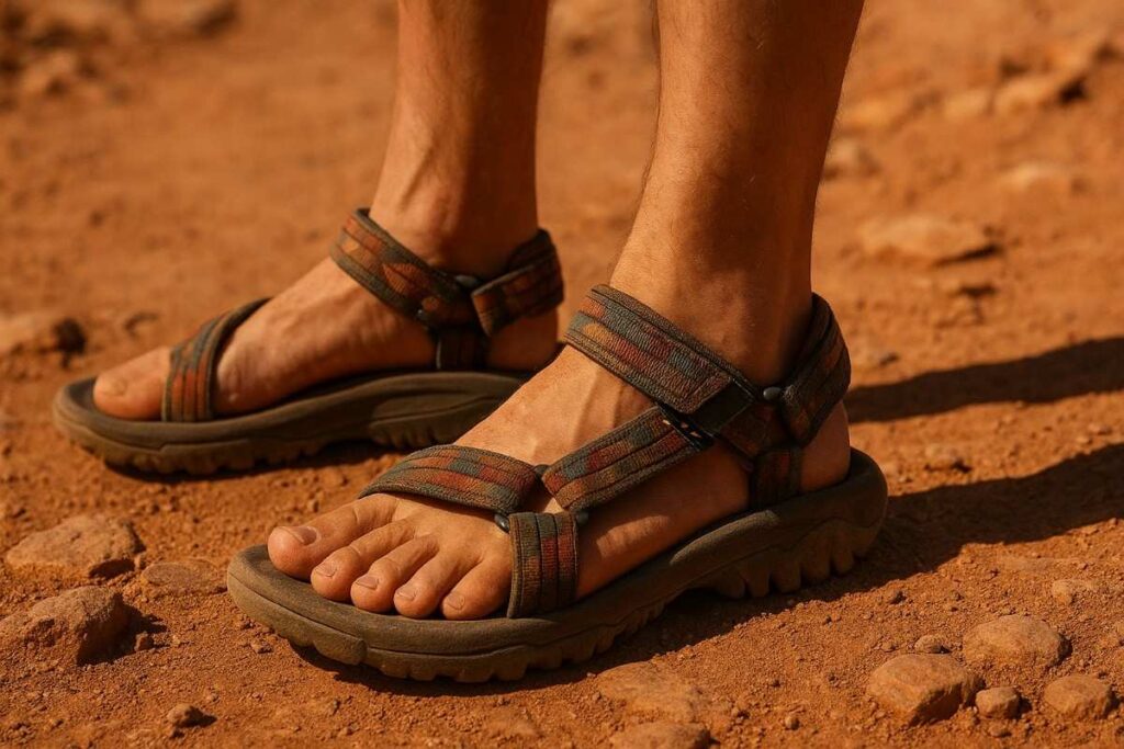 Hiker wearing Teva Hurricane XLT2 sandals on a rugged desert trail.