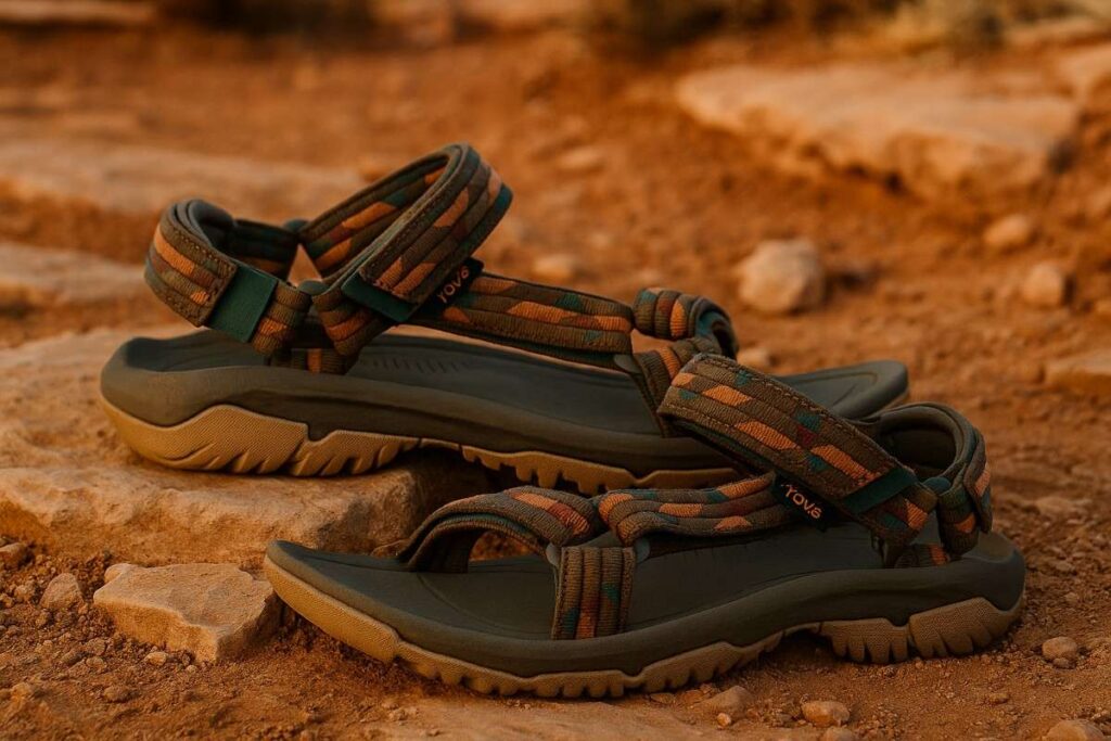 Close-up of Teva Hurricane XLT2 hiking sandals gripping rocky desert terrain.