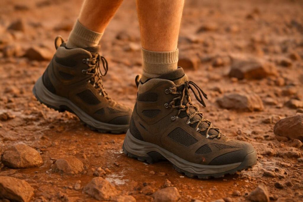 Hiker testing Vasque Breeze III GTX boots on dusty desert trail with rocks and puddles.