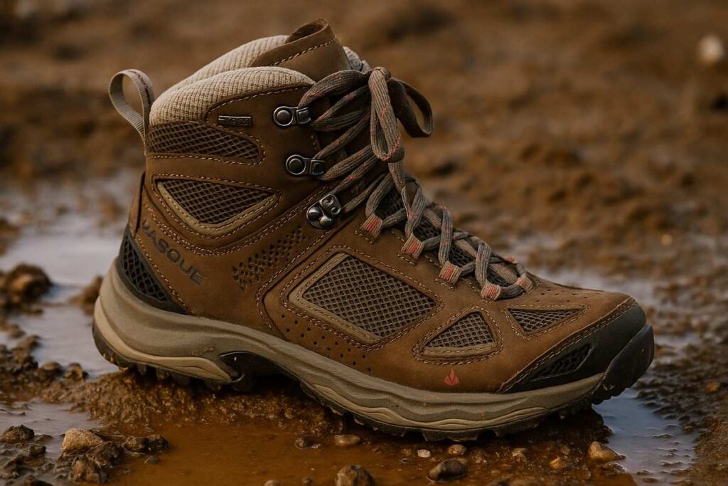 Close-up of Vasque Breeze III GTX hiking boots on rocky desert terrain after rain.