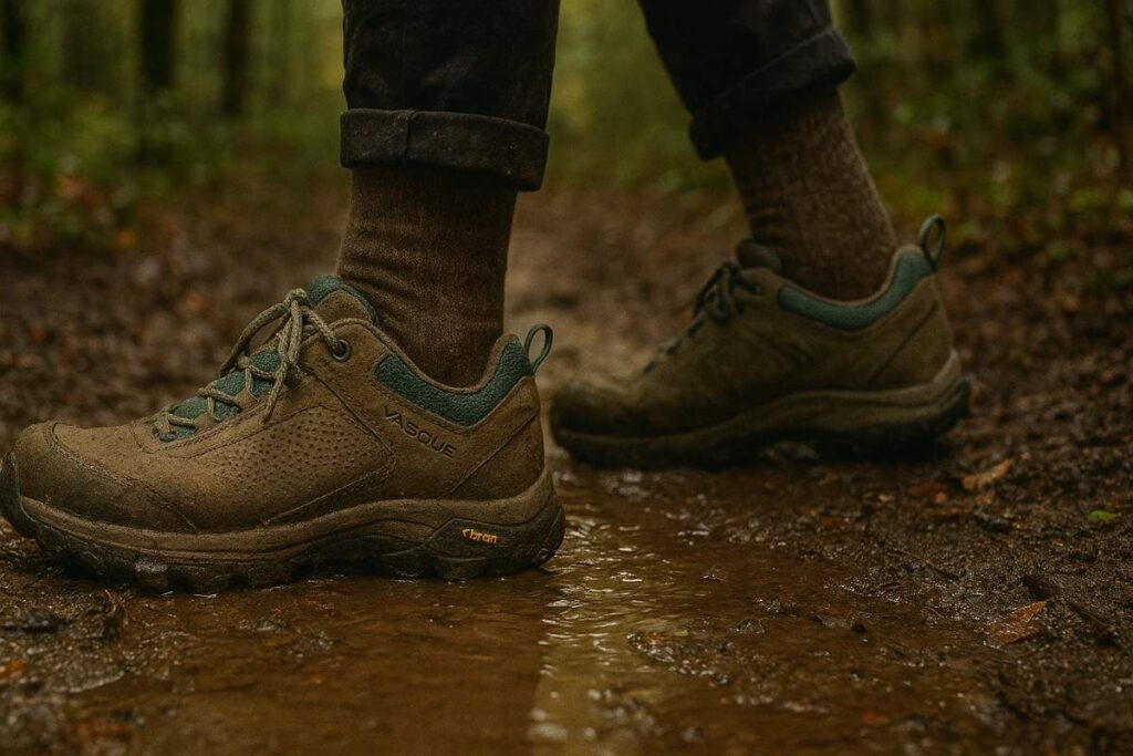 Hiker crossing wet forest terrain in Vasque Talus Low Waterproof shoes.