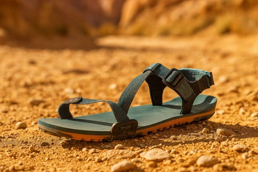Minimalist Xero Shoes Z-Trail EV sandals on dry desert sand.