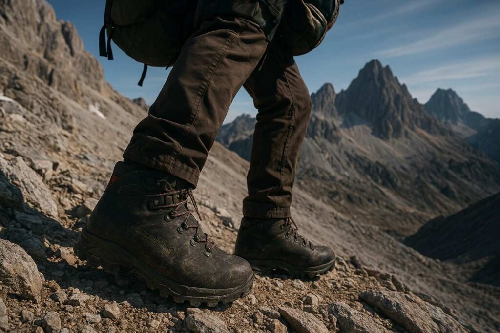 Hiker wearing Zamberlan Vioz GTX boots ascending rugged mountain trail.