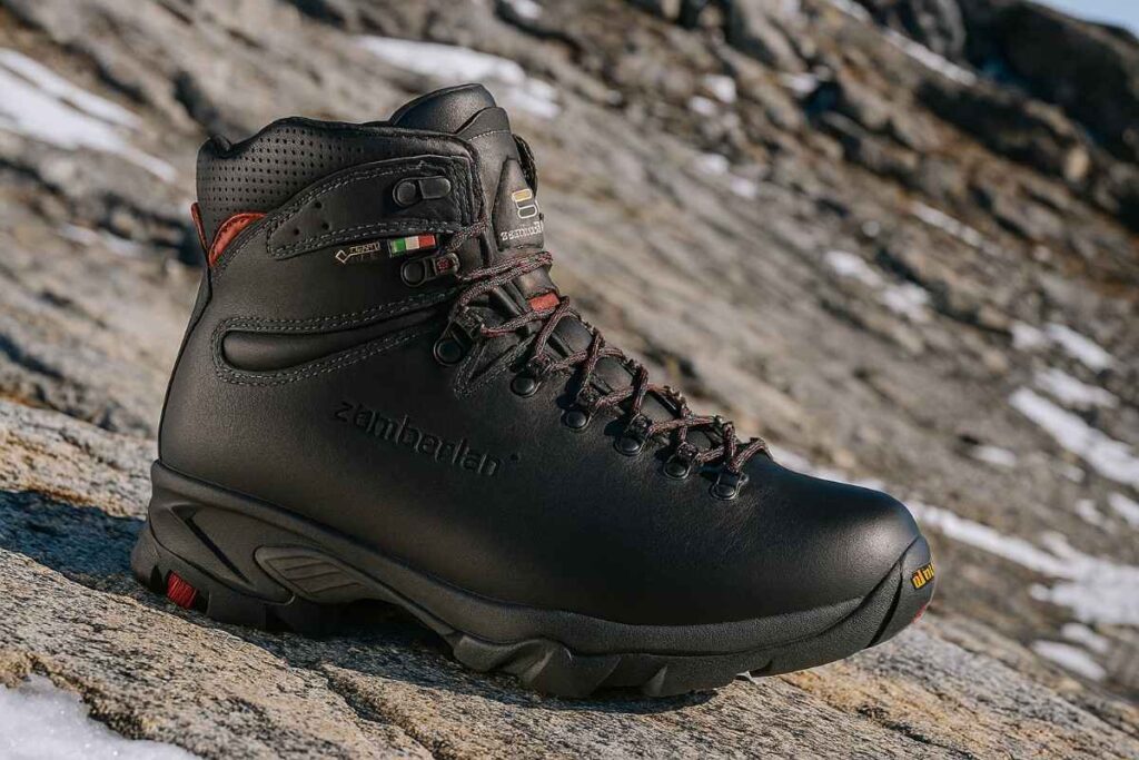Zamberlan Vioz GTX full-grain leather hiking boots on steep rocky path.