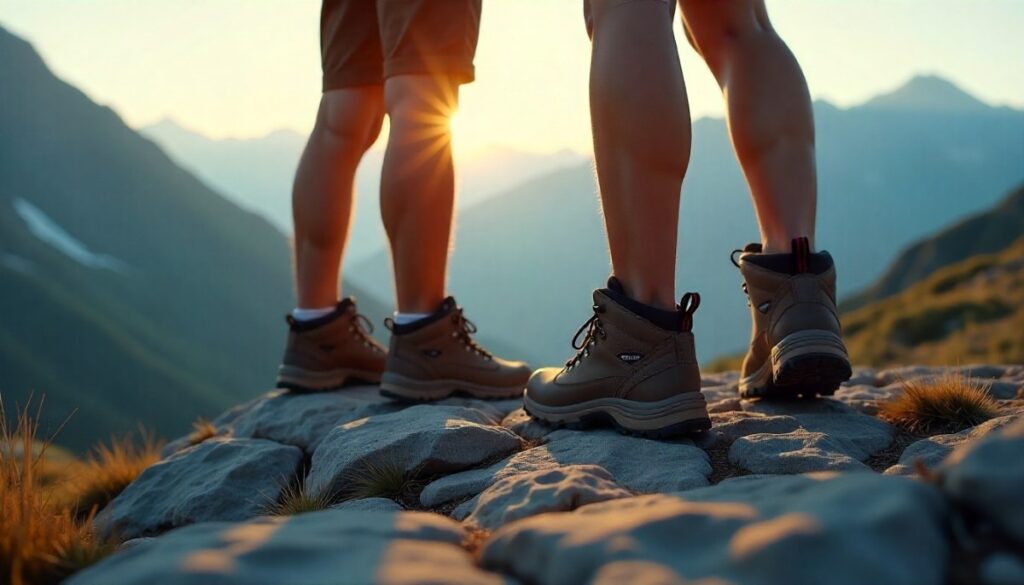 Two hikers standing on cliff while wearing best hiking boots for flat feet.