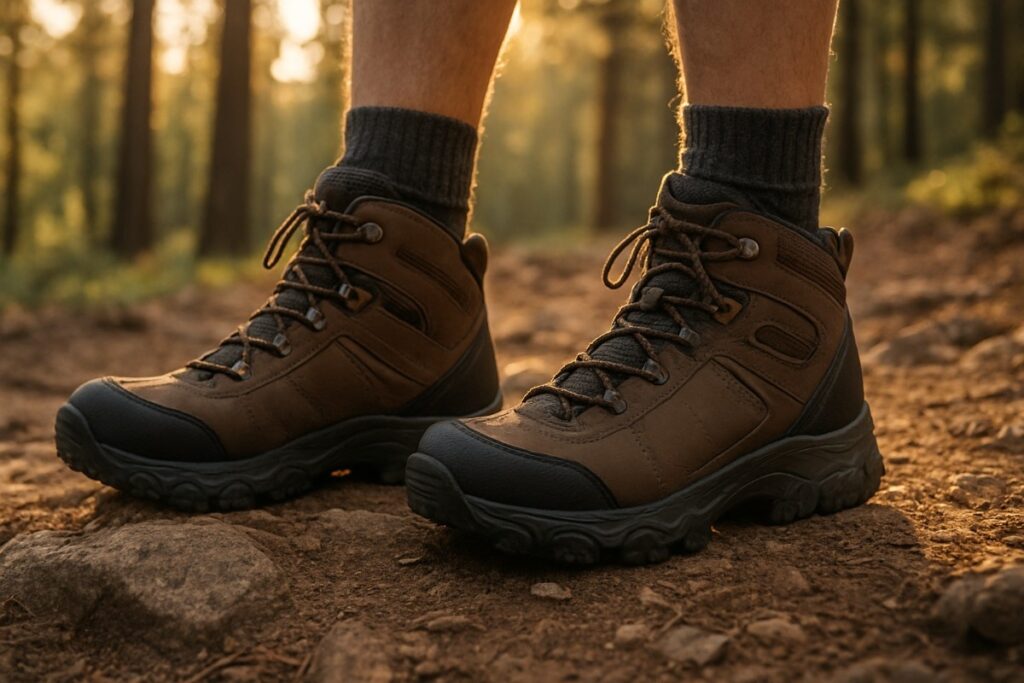 Hiker wearing and testing best hiking boots for plantar fasciitis.