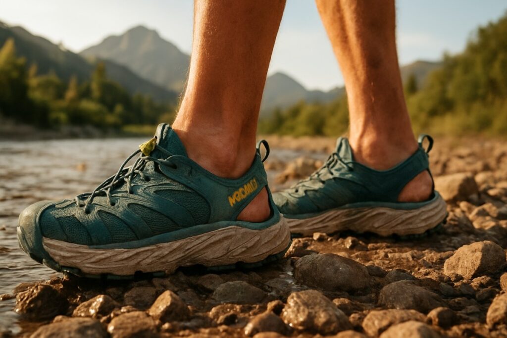 Close-up of a hiker wearing durable & one of the best hiking sandals on a rocky riverbank with mountains in the background.