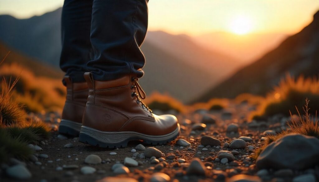 Hiker wearing the best leather hiking boots on a rugged mountain trail at golden hour, showcasing durability and comfort for outdoor adventures.
