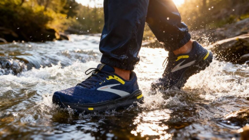 Close-up of hiker's legs crossing water stream with Brooks Ghost Max.