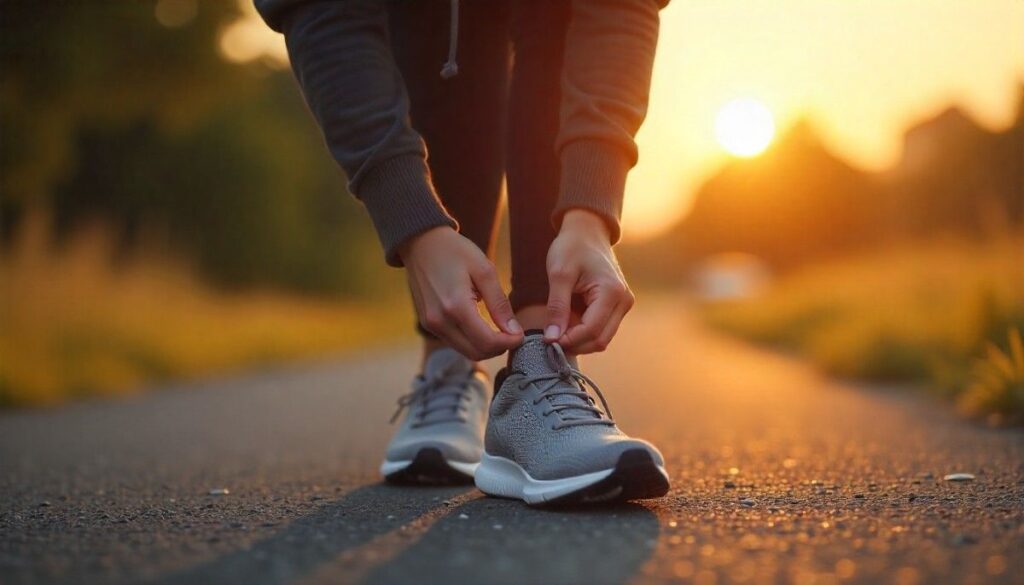 Hiker lacing his shoe on a road with golden-hour golden light.