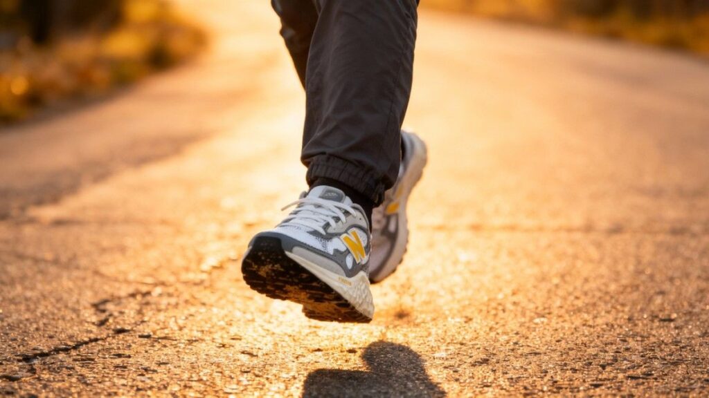 Hiker's legs shot wearing and running New Balance Fresh Foam Arishi v4.