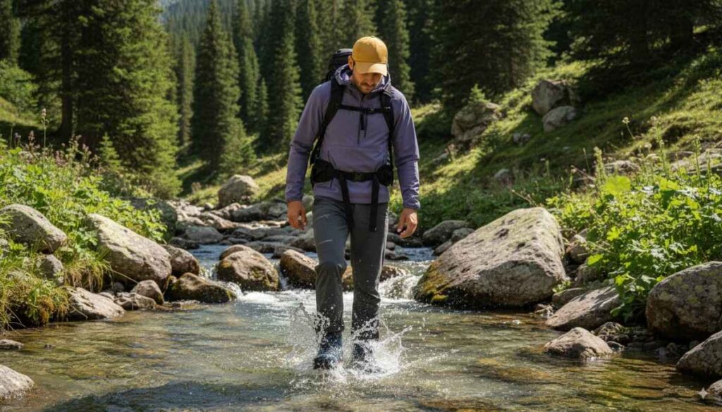 Hiker crossing water stream wearing Salomon X Ultra 4 Mid GTX.