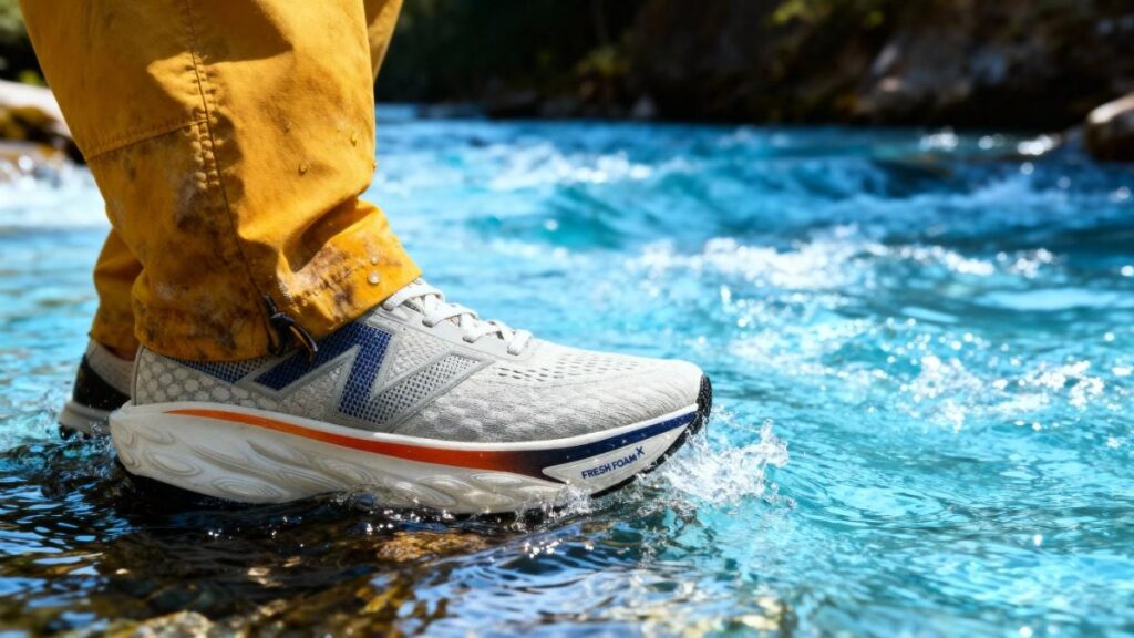 Close-up of hiker wearing New Balance Fresh Foam X 1080 v14 and standing firm in a water stream.