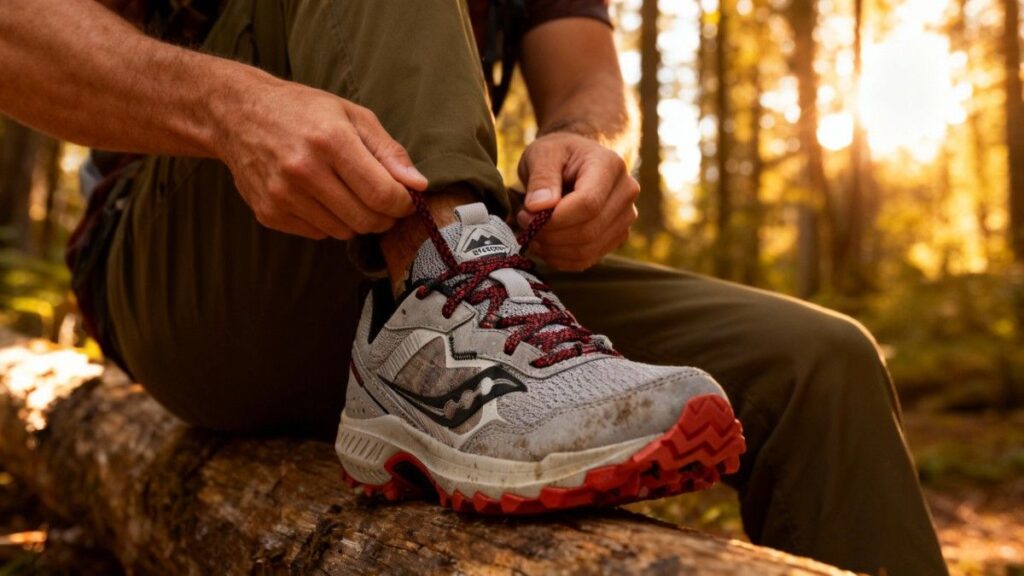 Hiker lacing his Saucony Excursion TR16 while sitting on log.