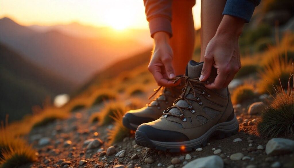 Hiker lacing up his plantar fasciitis hiking boots in dawn time golden hour.