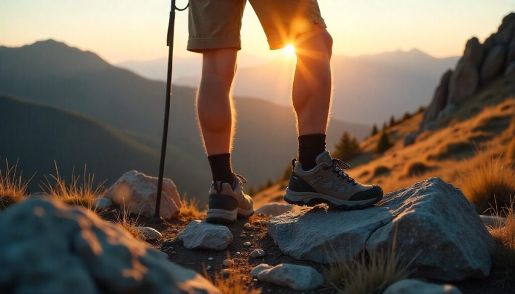 Hiker wearing budget hiking shoes standing on rocky mountain terrain at sunrise with scenic valley view, symbolizing affordable adventure footwear.
