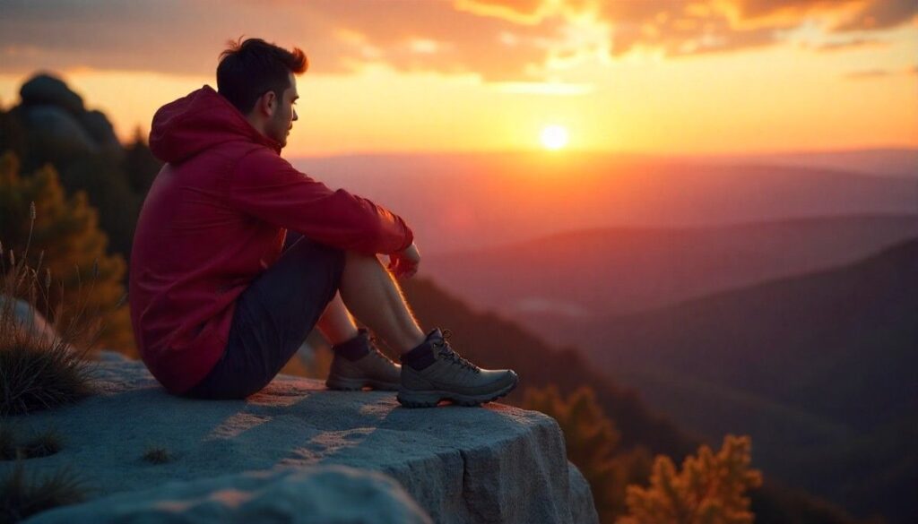 Hiker resting at sunset with dusty budget hiking shoes overlooking scenic mountain horizon, symbolizing affordable yet rewarding hiking experiences.