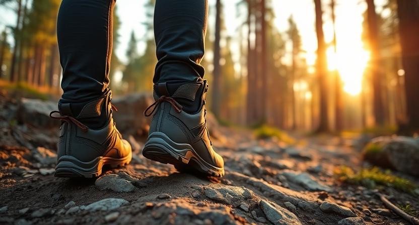 Legs shot of hiker walking in forest rocky terrain in golden hour.