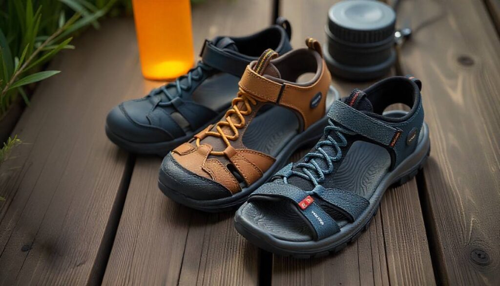 Flat lay of hiking sandals with outdoor gear, representing a buying guide for choosing the best hiking sandals.