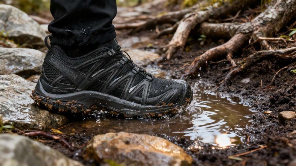 Close-up of Salomon XA Pro 3D on a muddy rooty surface. 