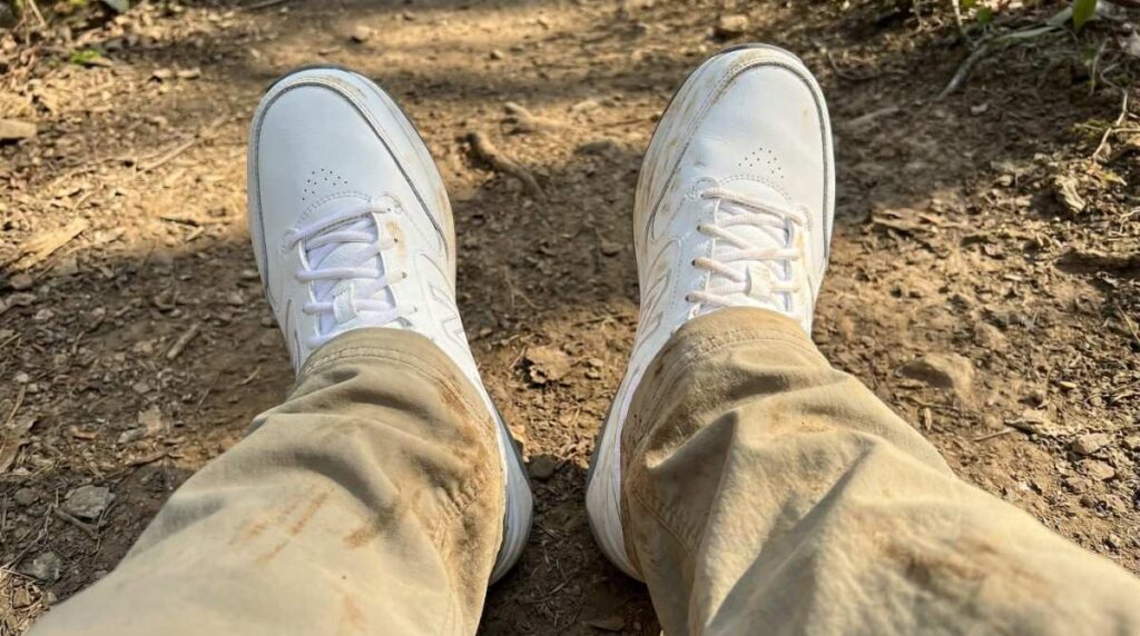 Selfie shot of hiker wearing New Balance hiking shoe.