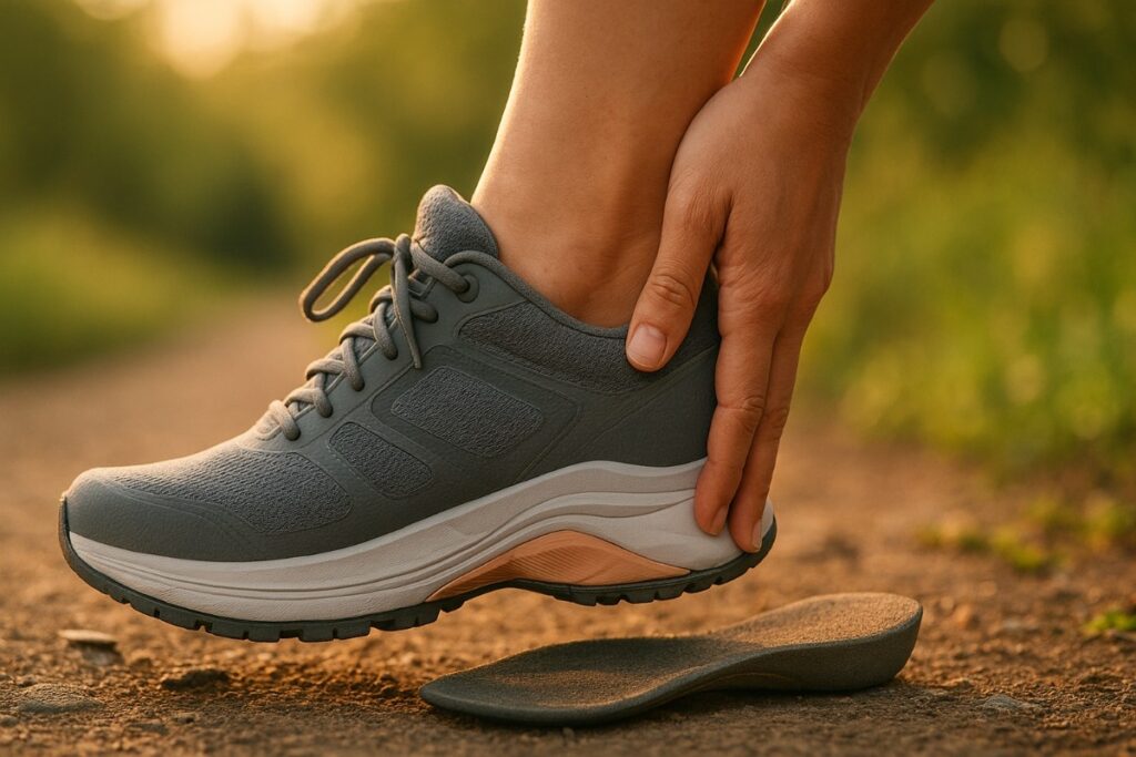 Hiker wearing shoes for plantar fasciitis and calmly massaging feet.