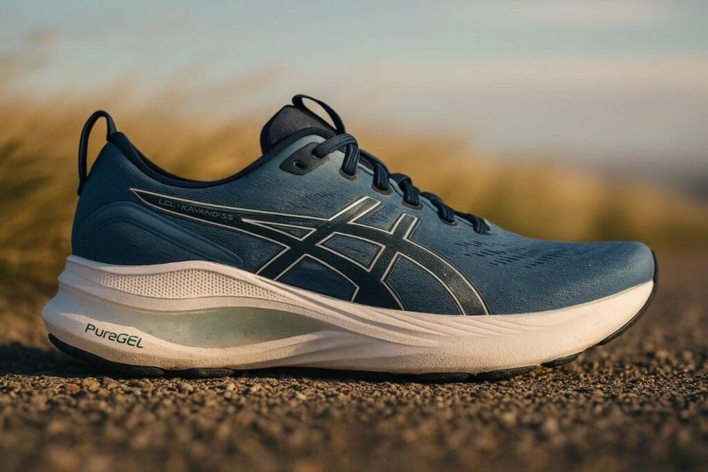 Close-up of ASICS GEL-KAYANO 32 on a windy ridge road showing FF Blast midsole and PureGel.