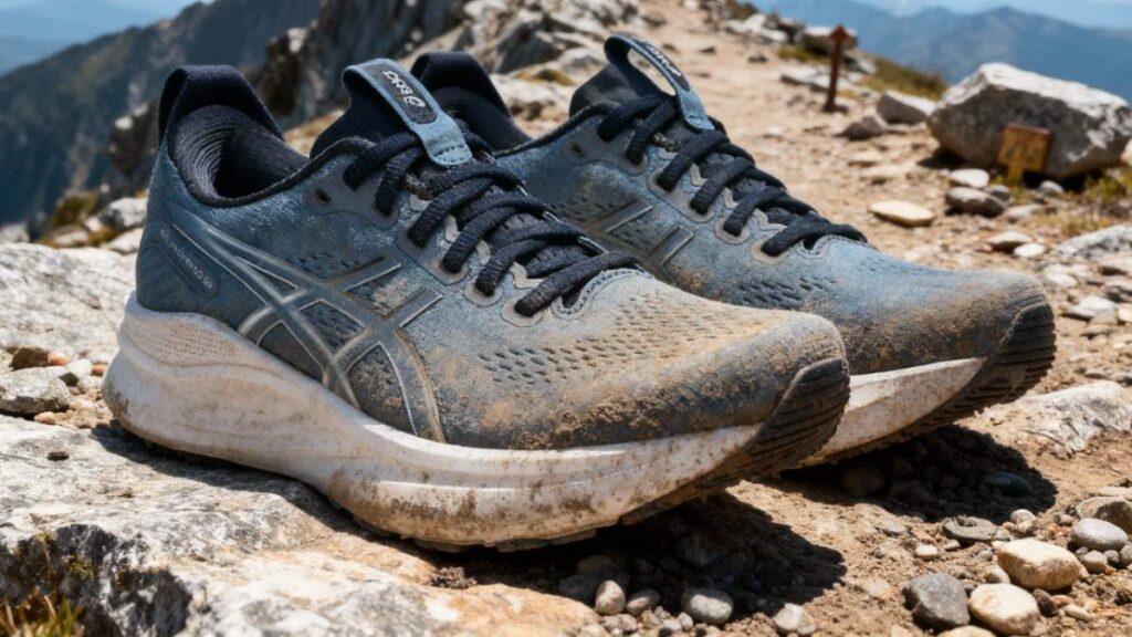 Pair of ASICS GEL-Kayano 32 uttered in dust.