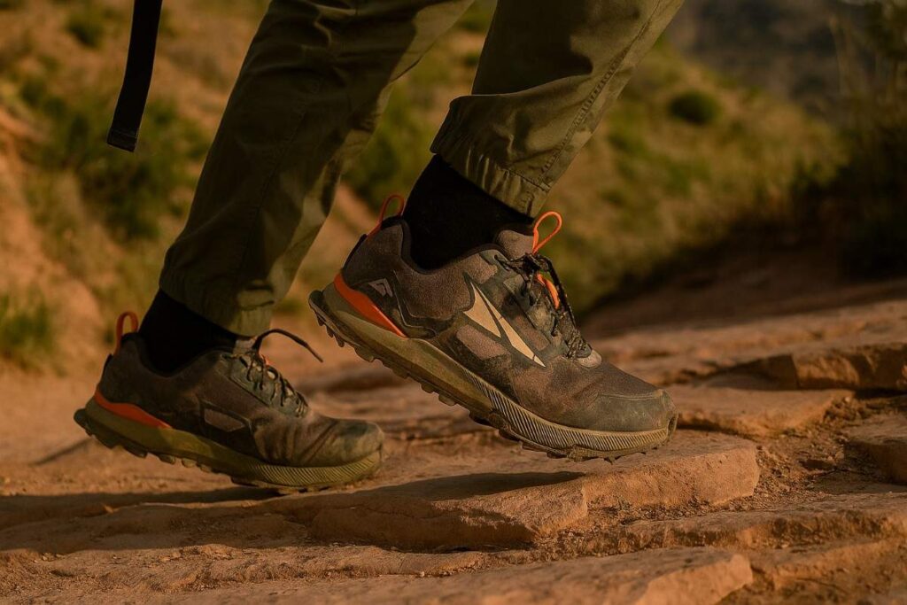 Hiker wearing Altra Lone Peak 7 shoes navigating dusty sandstone switchbacks in Colorado.