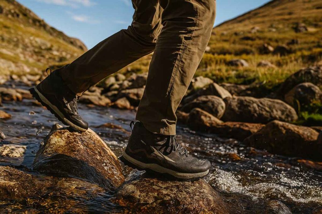 Hiker’s legs in Altra Lone Peak ALL-WTHR Mid 2 fording a shallow alpine creek on rocky trail.