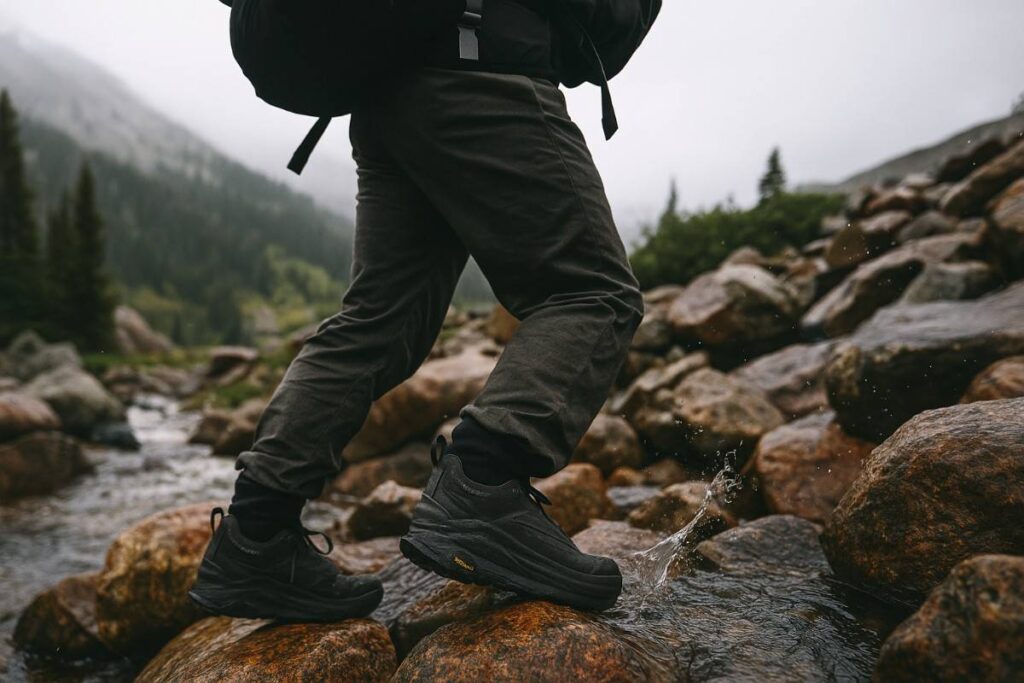 Hiker in Altra Olympus 6 Hike Low GTX crossing wet granite slabs in the Rockies.