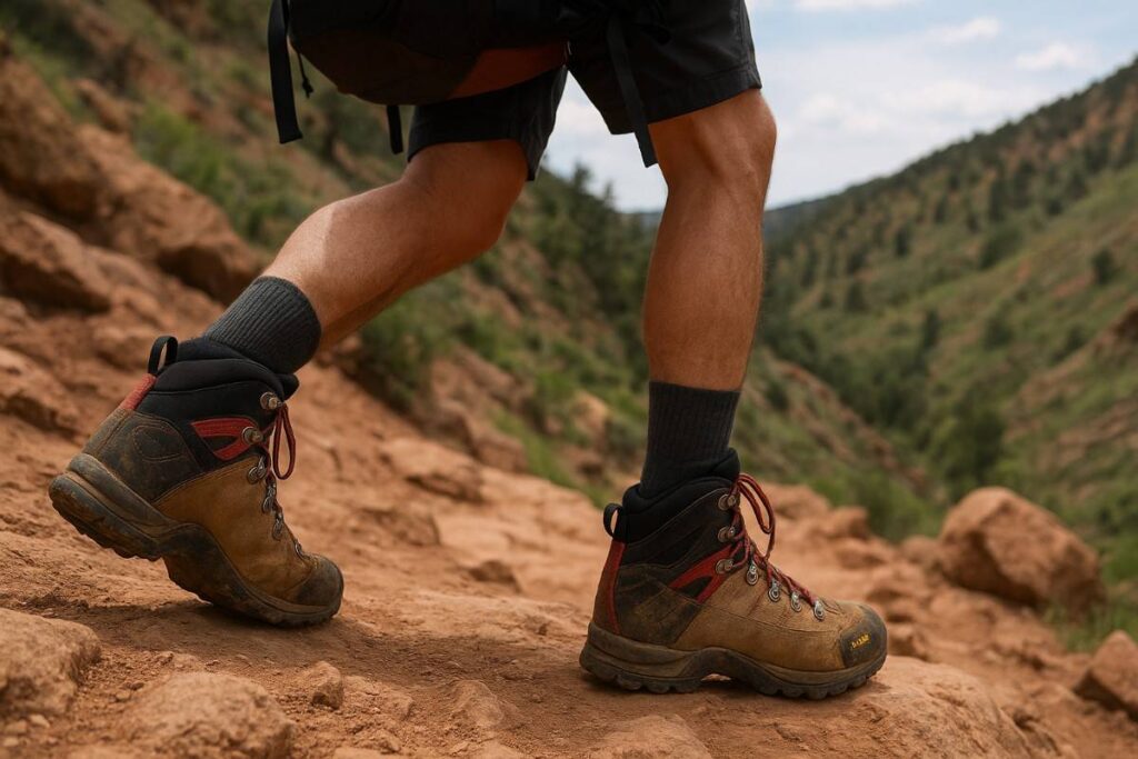 Hiker testing Asolo Fugitive GTX boots on sandstone switchbacks at Mt. Sanitas in Colorado.