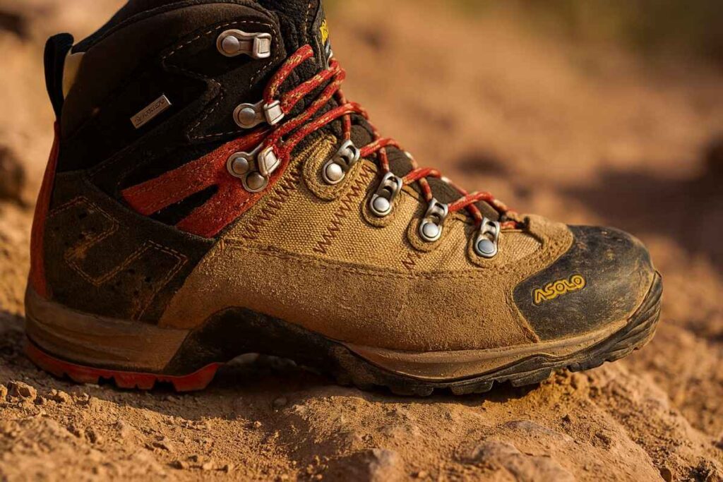 Close-up of Asolo Fugitive GTX boots on dusty sandstone trail at Mt. Sanitas in Colorado.