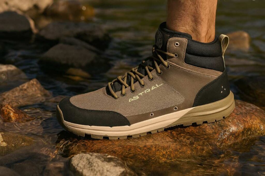 Close-up of Astral TR1 Merge 2.0 vegan hiking boots on wet riverbank rocks at South Platte River, Colorado.