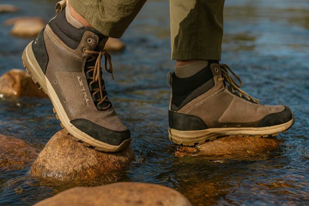 Hiker testing Astral TR1 Merge 2.0 vegan boots on river rocks at South Platte River, Colorado.