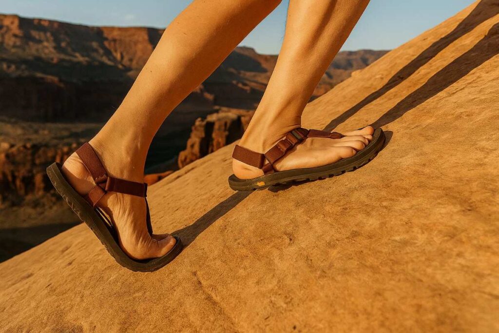 Hiker climbing slickrock in Bedrock Cairn EVO sandals in desert canyon.