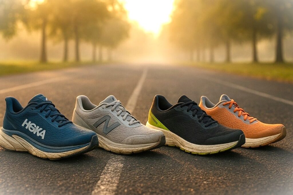 4 of the best running shoes for knee pain displayed on a road track ready for running.