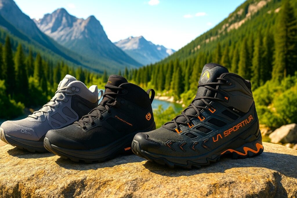 Three of the best vegan hiking boots displayed on mountain ledge with mountain, jungle and a river stream in the background.