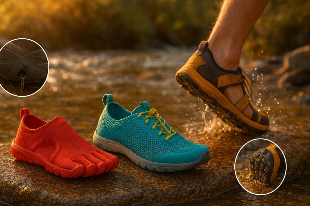 Different Best Water Shoes displayed on a granite slap in natural water stream.