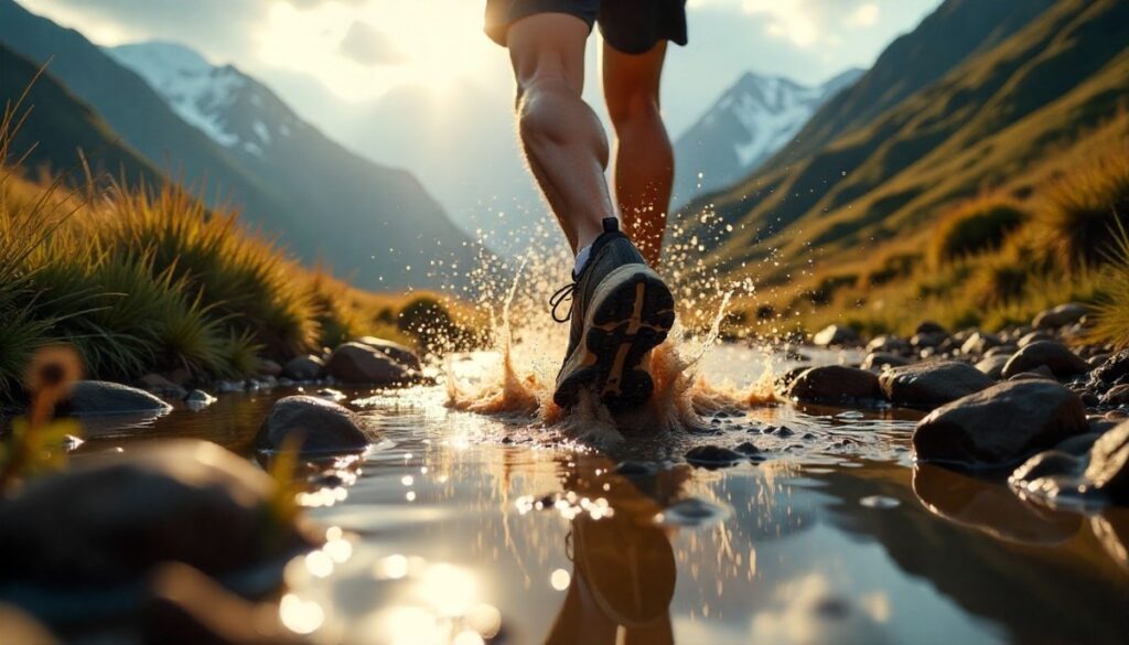 Hiker wearing and testing the best waterproof trail running shoes on hiking terrain.