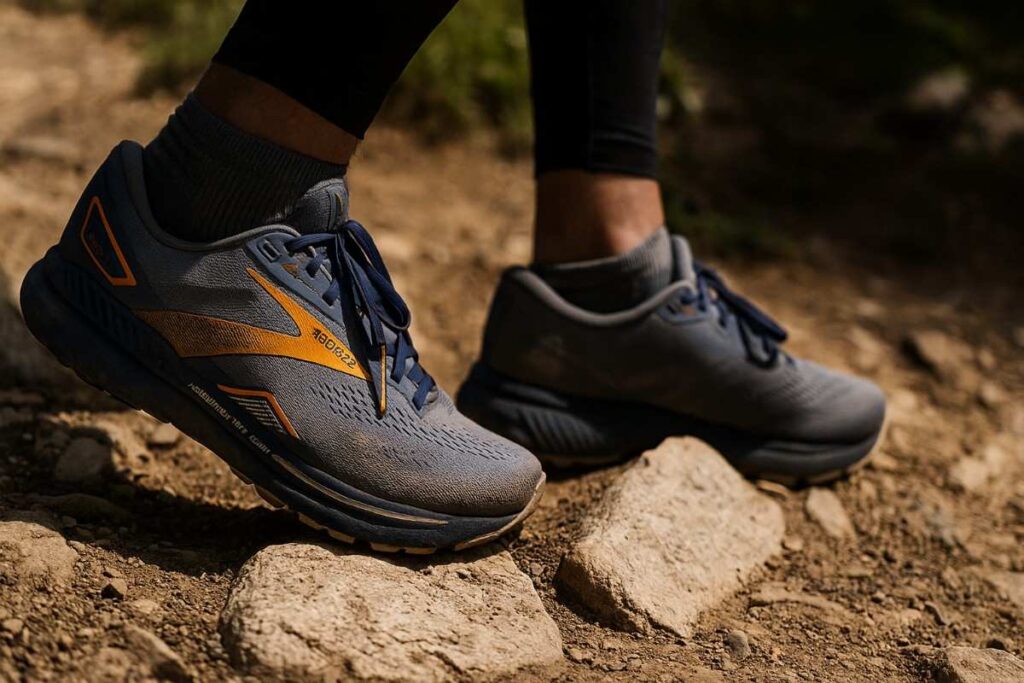 Hiker’s legs in Brooks Adrenaline GTS 23 stepping onto a rocky approach trail near Golden with GuideRails visible.