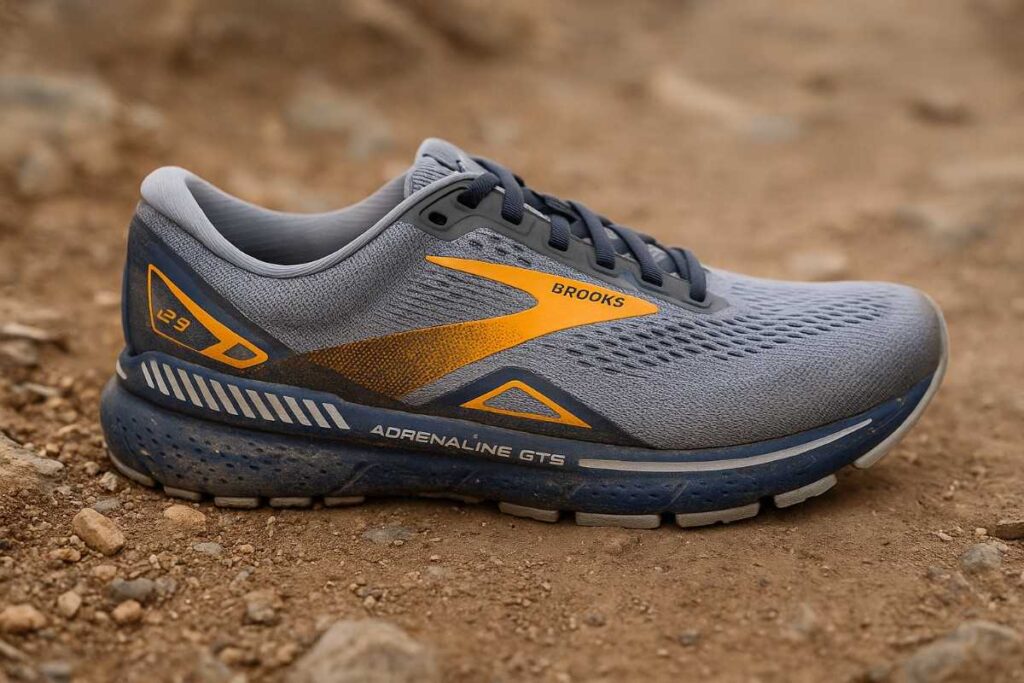 Close-up of Brooks Adrenaline GTS 23 on rocky singletrack showing GuideRails and dirt in tread.