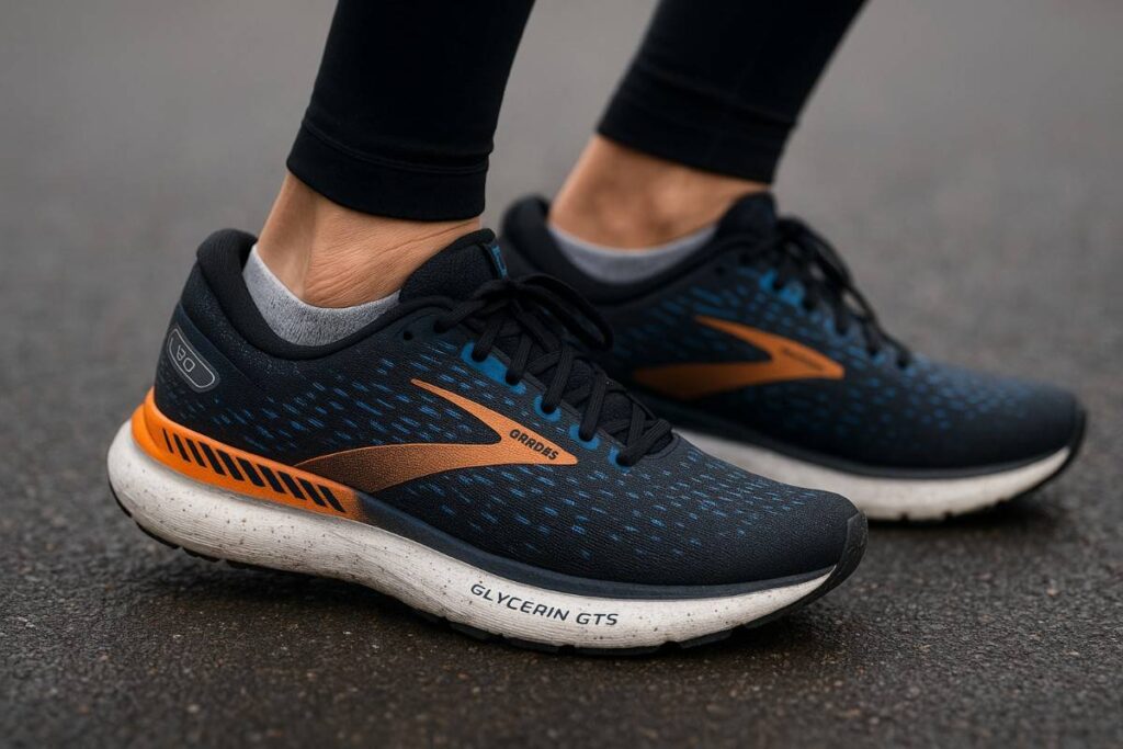 Hiker’s lower legs wearing Brooks Glycerin GTS 20 on cool Fort Collins asphalt; GuideRails visible during midfoot strike.