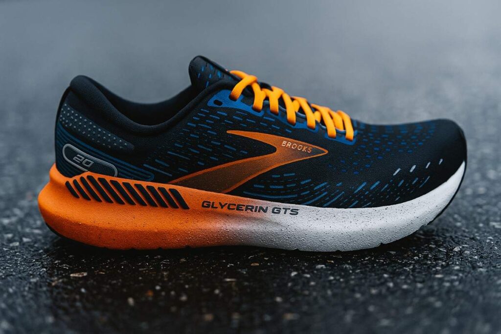 Close-up of Brooks Glycerin GTS 20 on damp asphalt showing GuideRails and foam texture.
