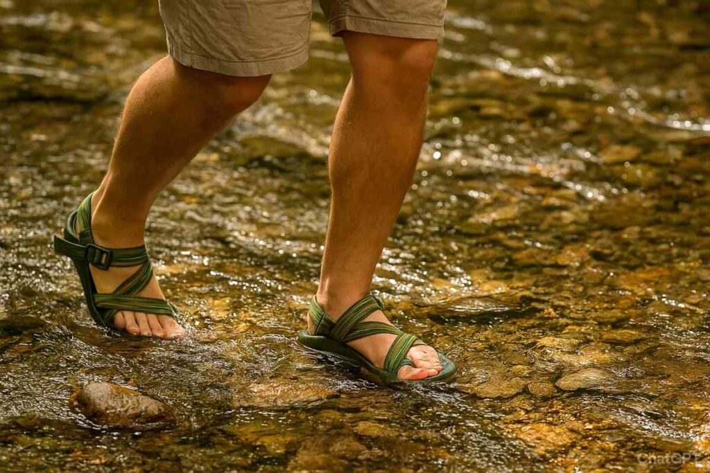 Hiker wading across shallow river in Chaco Z/1 Classic sandals.