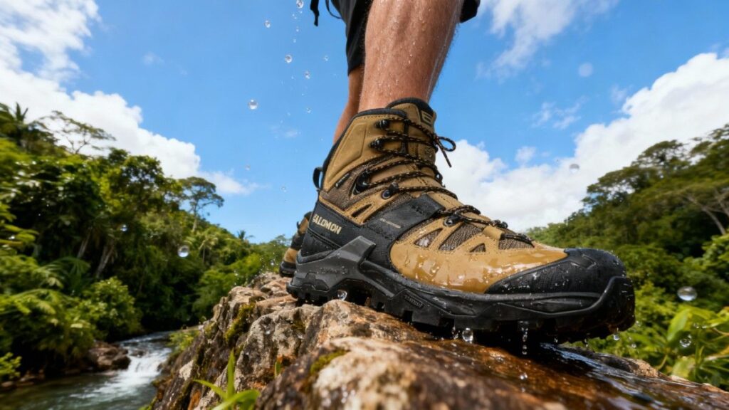 Close-up of hiker wearing Salomon Quest 4 GTX and standing firm on a rock with water stream and jungle in background.