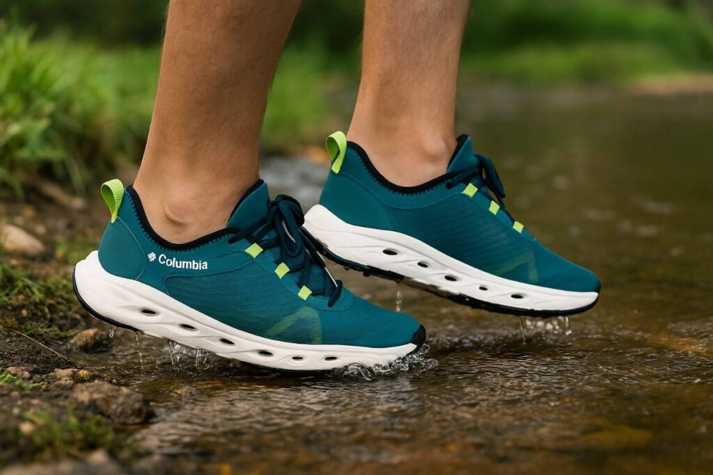 Hiker stepping into stream wearing Columbia Drainmaker water shoes.