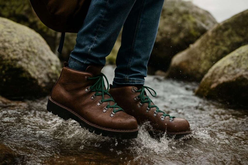 Close-up of hikers wearing Danner Mountain II GTX while crossing a water stream.