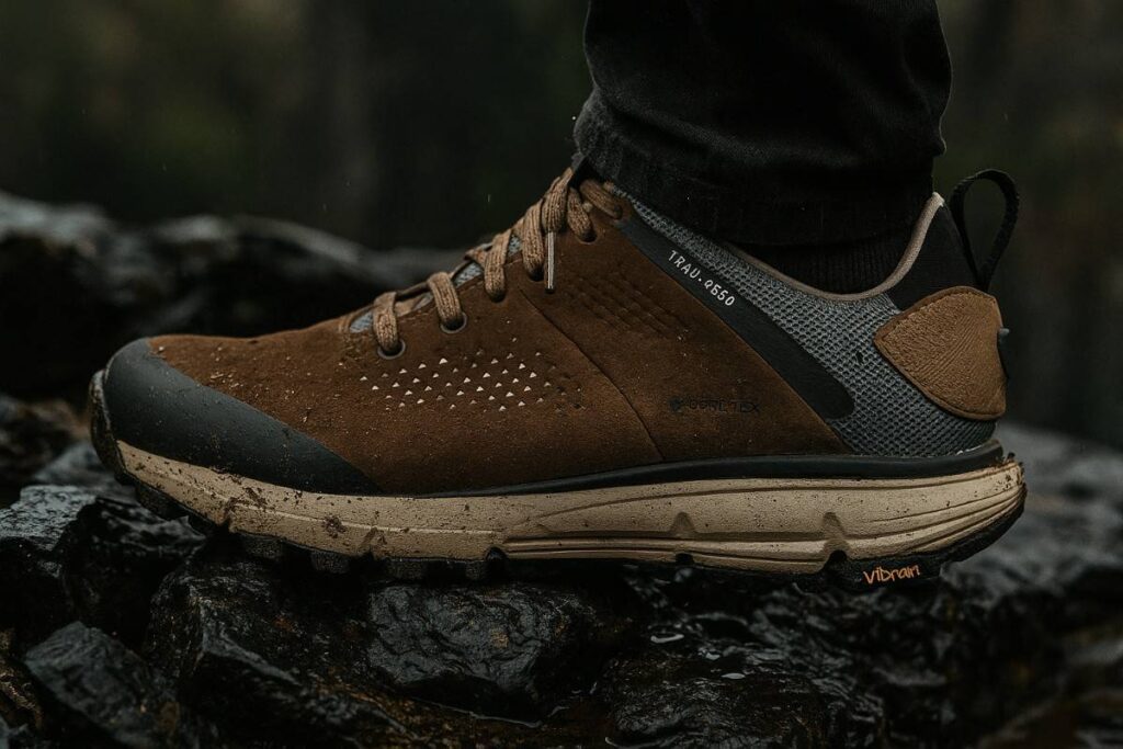 Danner Trail 2650 GTX displayed on rocky Alpine surface. 