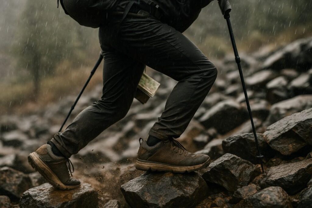 Hiker wearing Danner Trail 2650 GTX and trekking uphill on rocky surface.